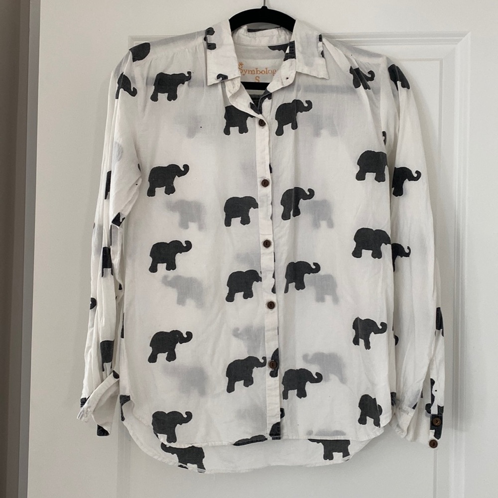 Symbology Black and White Elephant Print Button Up Shirt